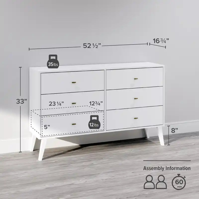 Commode à 6 tiroirs de style moderne du milieu du siècle, noire/grise/blanche/rouge – Simple