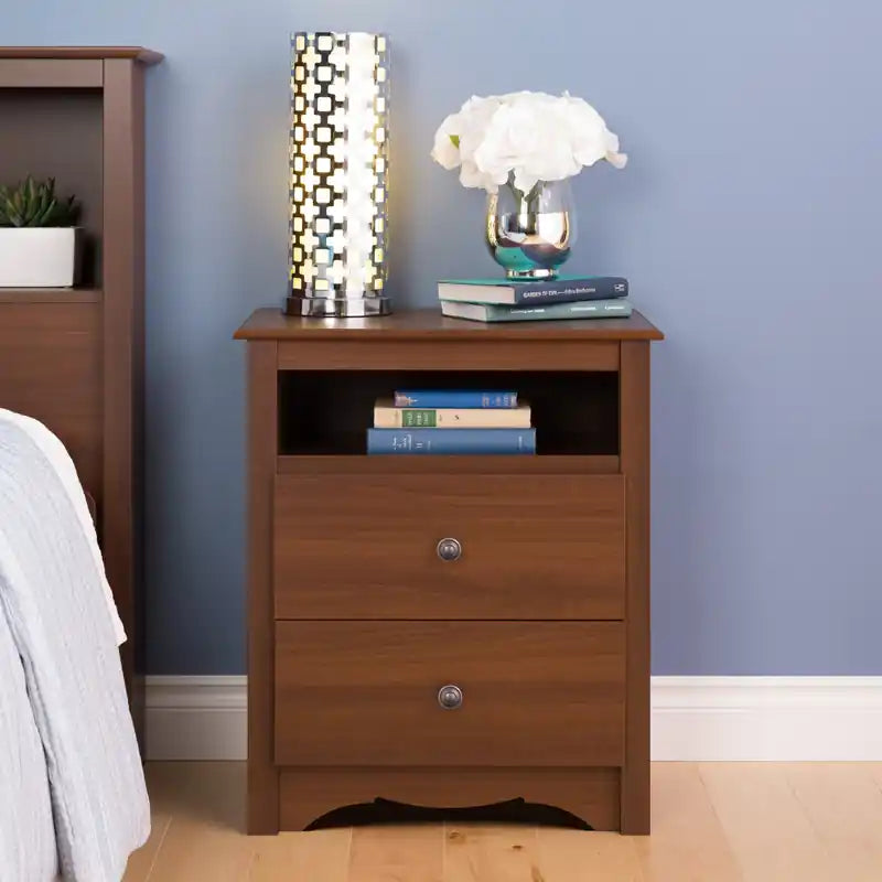 Table de chevet classique haute à 2 tiroirs avec étagère ouverte – Rouge/Blanc – Simple