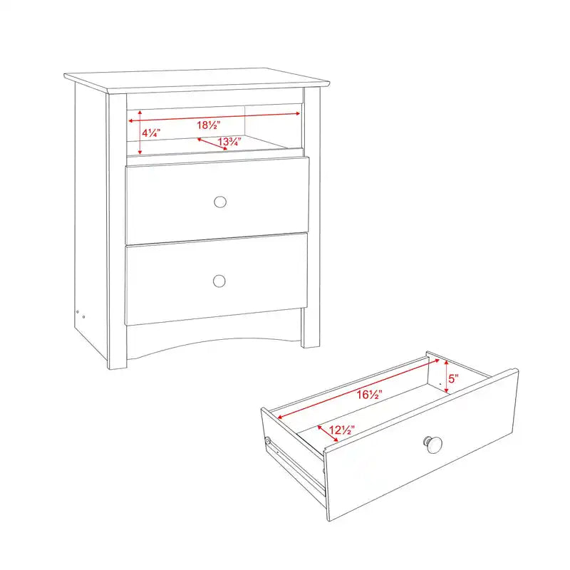 Table de chevet classique haute à 2 tiroirs avec étagère ouverte – Rouge/Blanc – Simple