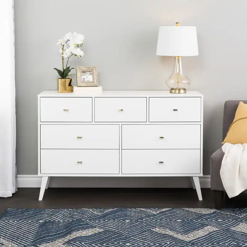Commode 7 tiroirs blanc, style milieu de siècle – Simple