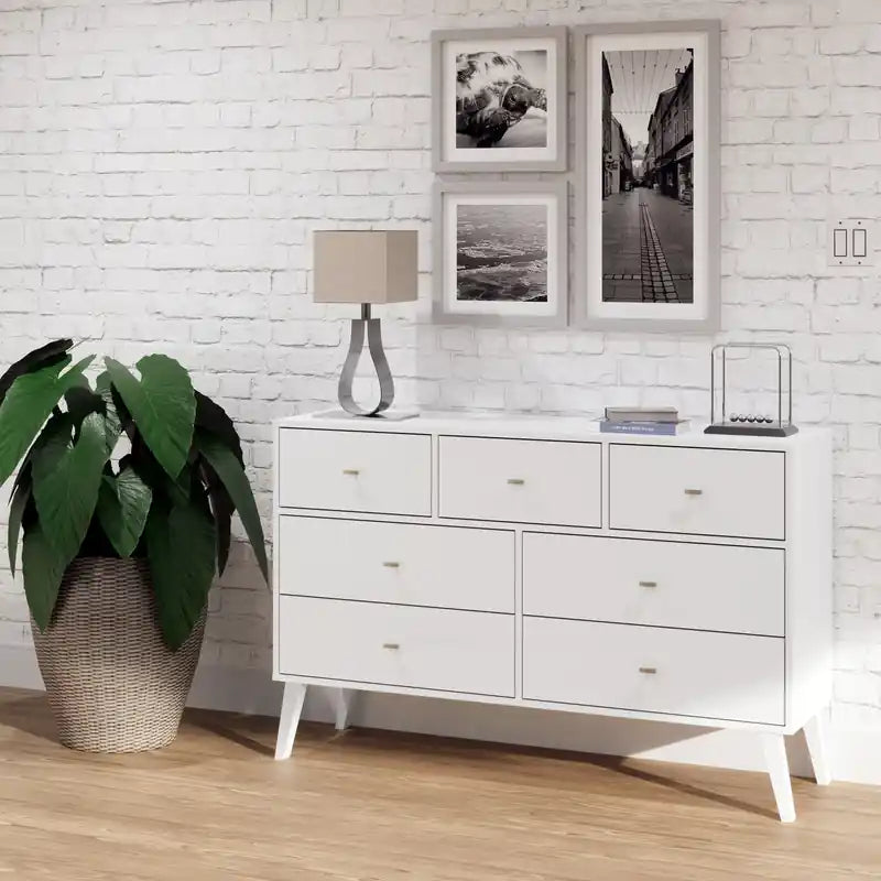 Commode 7 tiroirs blanc, style milieu de siècle – Simple