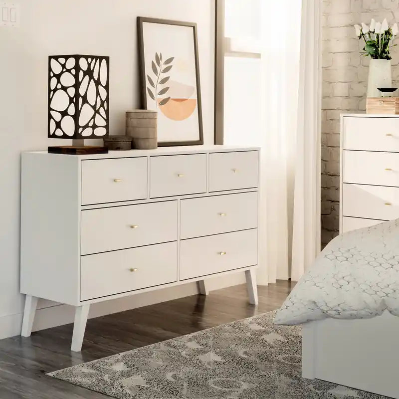 Commode 7 tiroirs blanc, style milieu de siècle – Simple