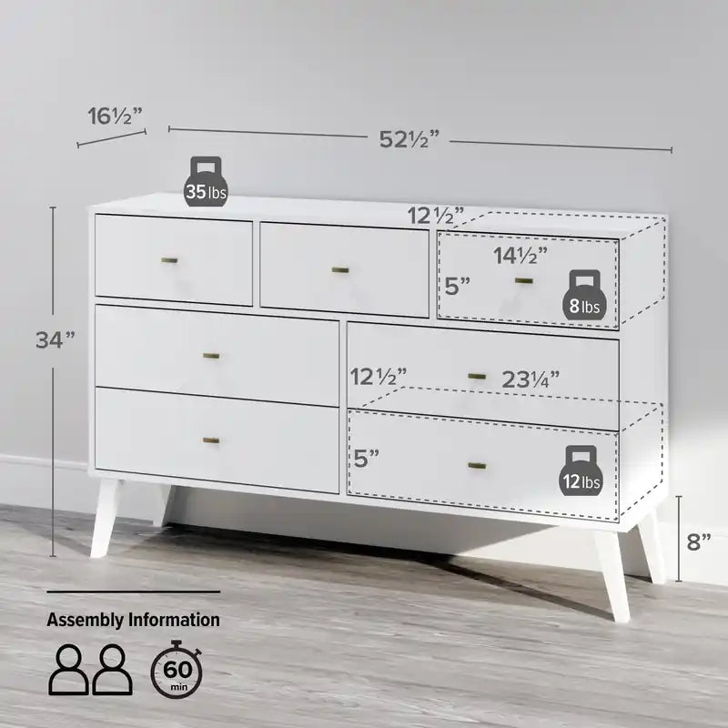 Commode 7 tiroirs blanc, style milieu de siècle – Simple