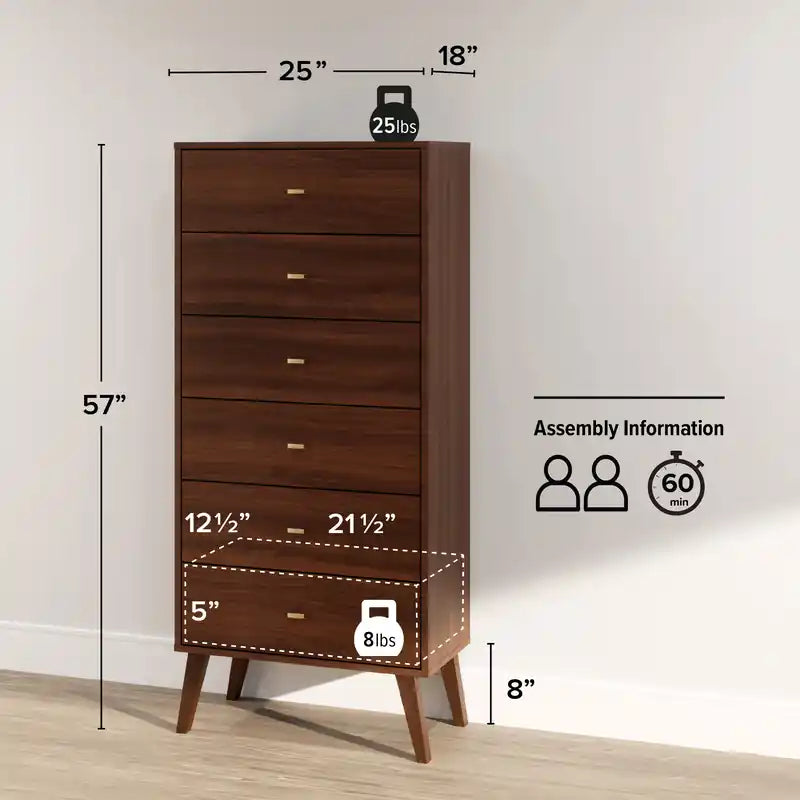 Commode haute rétro à 6 tiroirs blanc/rouge – Simple