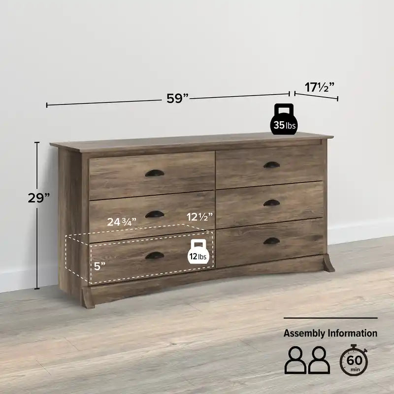 Commode double à 6 tiroirs Coastal grise – Double