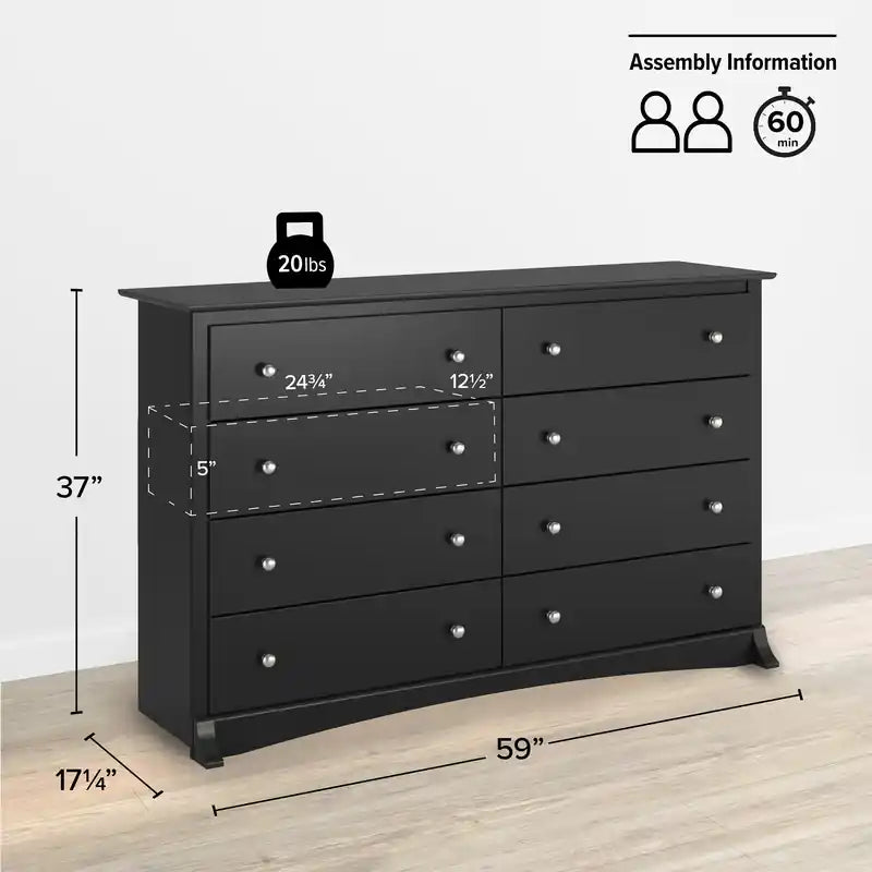 Commode noire à 8 tiroirs, en MDF avec finition stratifiée