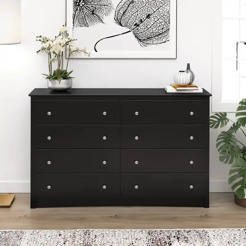 Commode noire à 8 tiroirs, en MDF avec finition stratifiée