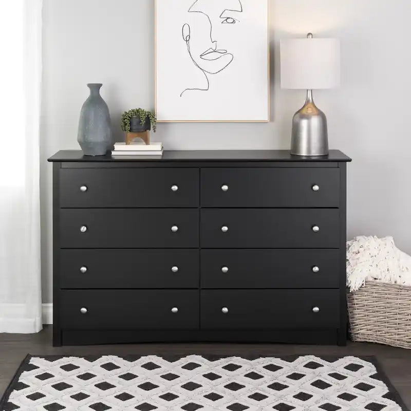 Commode noire à 8 tiroirs, en MDF avec finition stratifiée