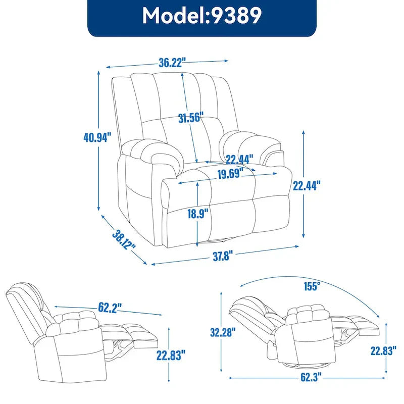 Fauteuil inclinable pivotant et à bascule en tissu Lazy Boy, grand fauteuil berçant manuel rembourré à l’excès avec accoudoirs à coussinet et dossier rembourré