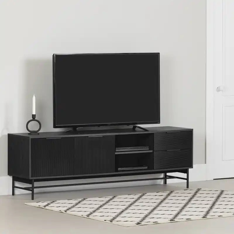 Meuble TV noir mi-siècle 175 cm avec 2 tiroirs et portes – Simple