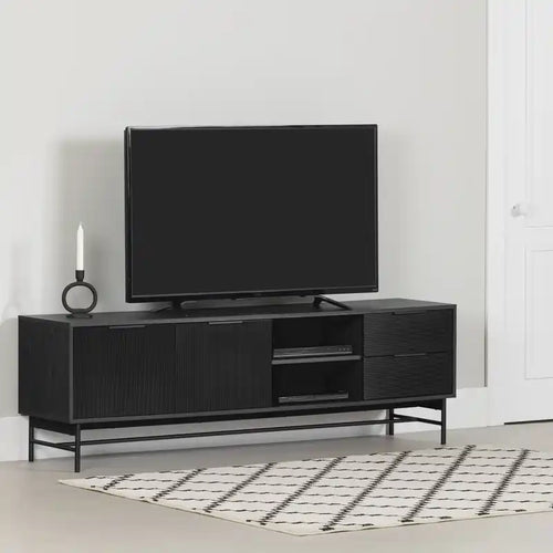 Meuble TV noir mi-siècle 175 cm avec 2 tiroirs et portes – Simple