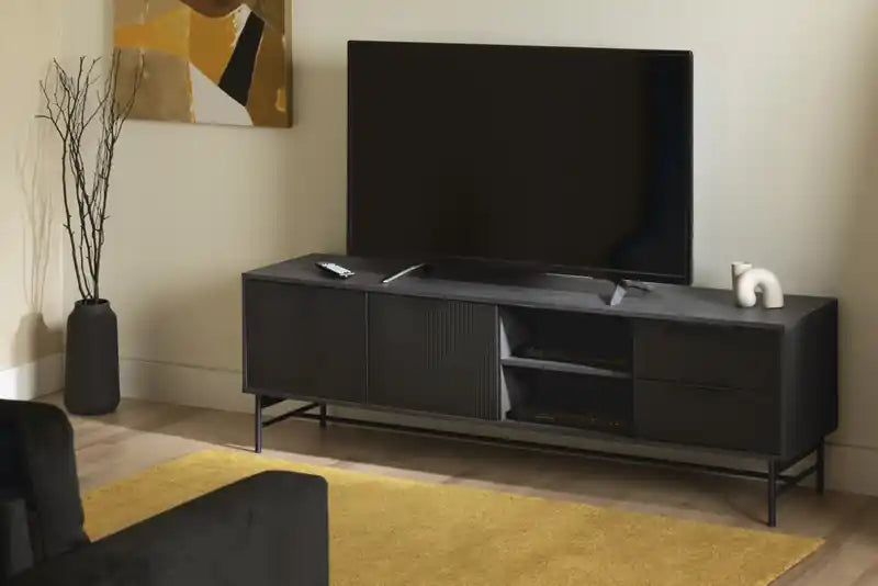 Meuble TV noir mi-siècle 175 cm avec 2 tiroirs et portes – Simple
