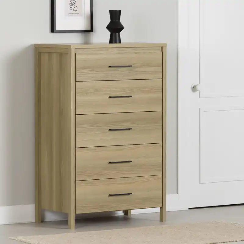 Commode haute contemporaine à 5 tiroirs, frêne naturel – Simple