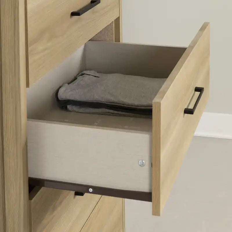 Commode haute contemporaine à 5 tiroirs, frêne naturel – Simple
