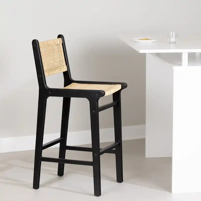 Tabouret de bar en rotin noir et teck, une place