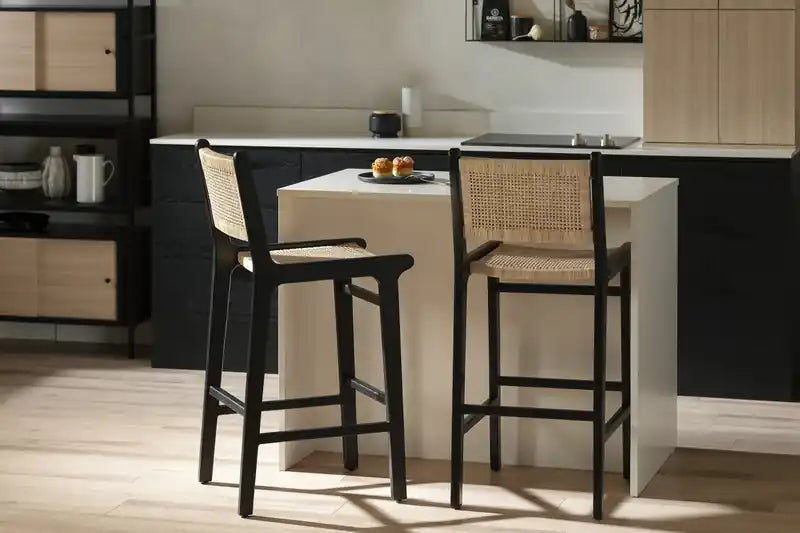 Tabouret de bar en rotin noir et teck, une place