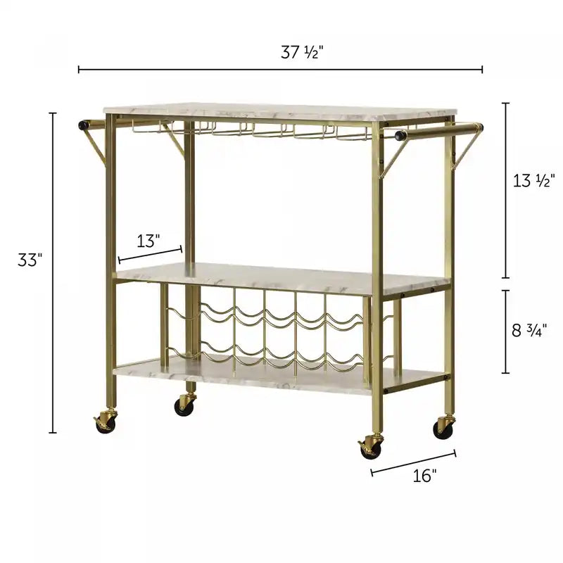 Chariot de bar glamour blanc/doré avec rangement pour vin et porte-verres – Simple