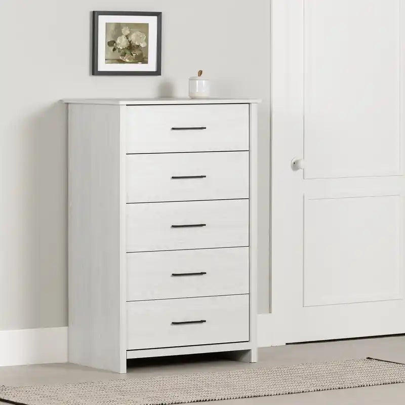 Commode haute à 5 tiroirs White Pine Farmhouse – Simple
