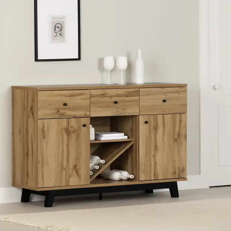Buffet contemporain Nordik Chêne avec rangement à vin et casier à verres – Simple