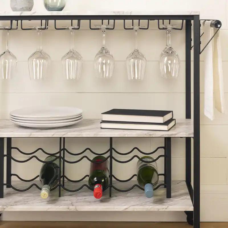 Chariot de bar glamour blanc/doré avec rangement pour vin et porte-verres – Simple