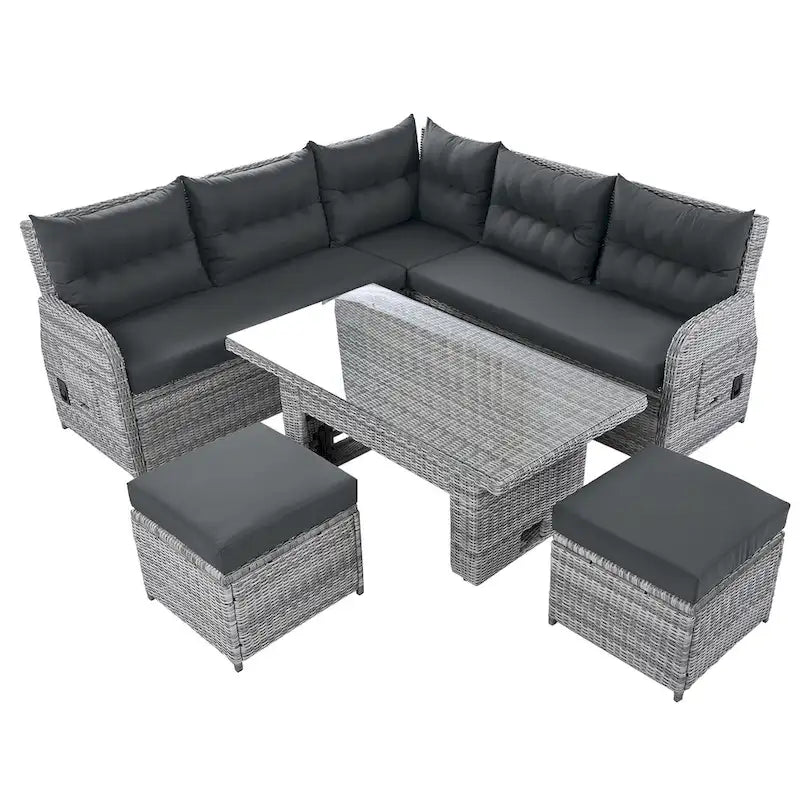 Ensemble de canapé d’angle modulable en rotin d’extérieur avec table réglable et fauteuils inclinables