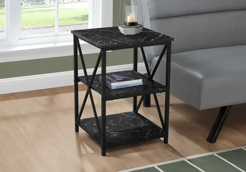 Table de chevet d'appoint en métal noir effet marbre noir
