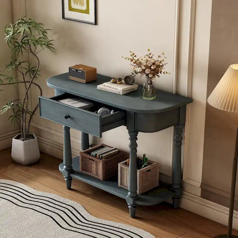 Console étroite rétro avec coin arrondi, tiroir supérieur et étagère ouverte