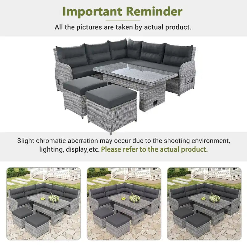 Ensemble de canapé d’angle modulable en rotin d’extérieur avec table réglable et fauteuils inclinables