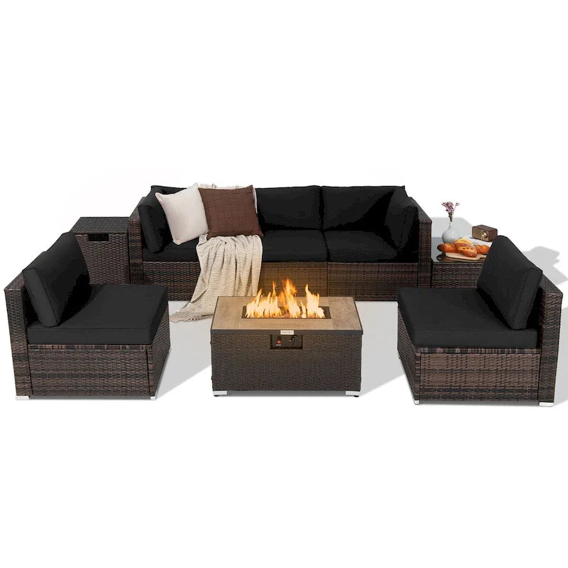 Salon de jardin en rotin 8 pièces avec table brasero et housse de rangement
