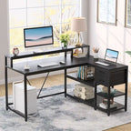 Bureau d'angle en L avec tiroir, bureau d'angle pour la maison avec étagères de rangement et support d'écran, bureau rustique pour petit espace