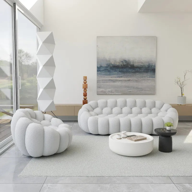 2 PIÈCES Canapé bulle rembourré en tissu nid d’abeille 3D, canapé bulle 3 places et fauteuil individuel pour salon