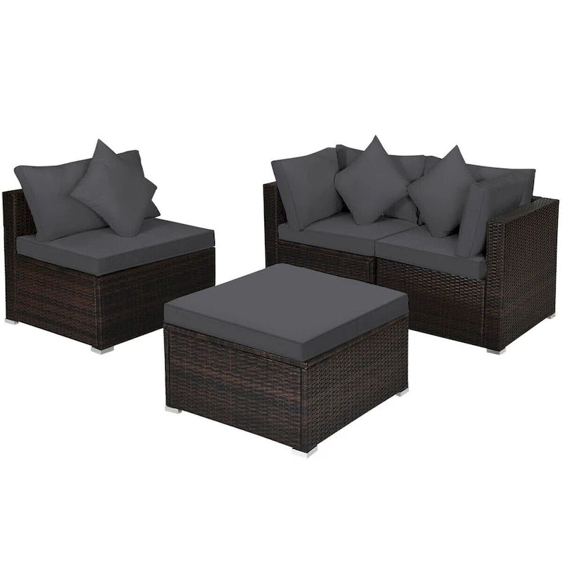 Ensemble de meubles de patio en rotin 4 pièces avec coussins et oreillers amovibles – Canapé d'angle : 73,7 x 73,7 x 63,5 cm