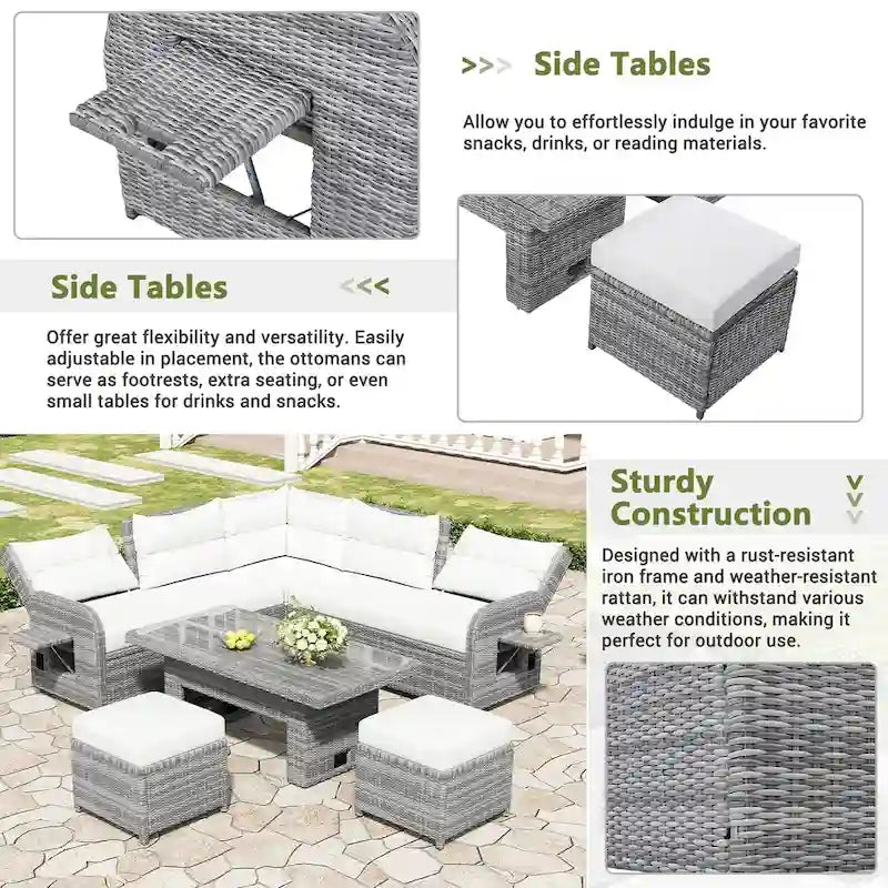 Ensemble de canapé d’angle modulable en rotin d’extérieur avec table réglable et fauteuils inclinables