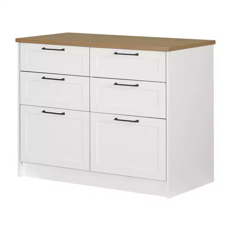 Îlot de cuisine à 6 tiroirs – Style champêtre, blanc et érable muscade, 47,25 po L