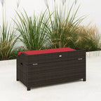 Banc de rangement d'extérieur en osier avec espace de rangement et coussin