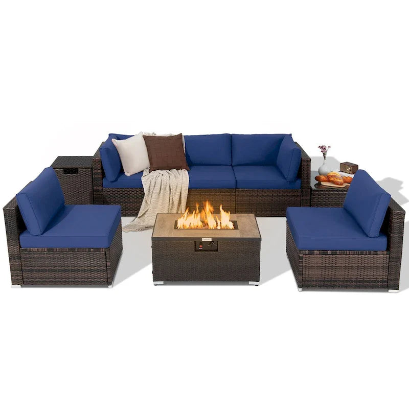 Salon de jardin en rotin 8 pièces avec table brasero et housse de rangement