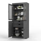Meuble de rangement en bois massif avec portes en verre dépoli, portes pleines, 2 tiroirs et étagères réglables