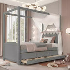 Lit plateforme double/grand format avec lit gigogne, lit à baldaquin en bois de princesse avec 3 tiroirs, lit de rangement avec tête de lit capitonnée pour chambre à coucher