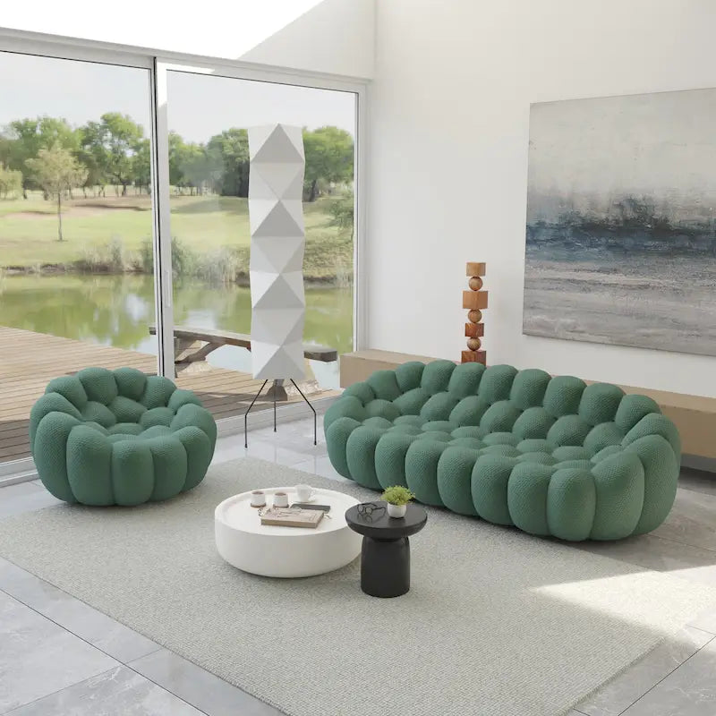 2 PIÈCES Canapé bulle rembourré en tissu nid d’abeille 3D, canapé bulle 3 places et fauteuil individuel pour salon