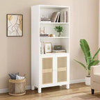 TUYOHW Grande bibliothèque avec portes en rotin, meuble de rangement autoportant à 5 étagères, étagère pour salon, chambre, bureau à domicile