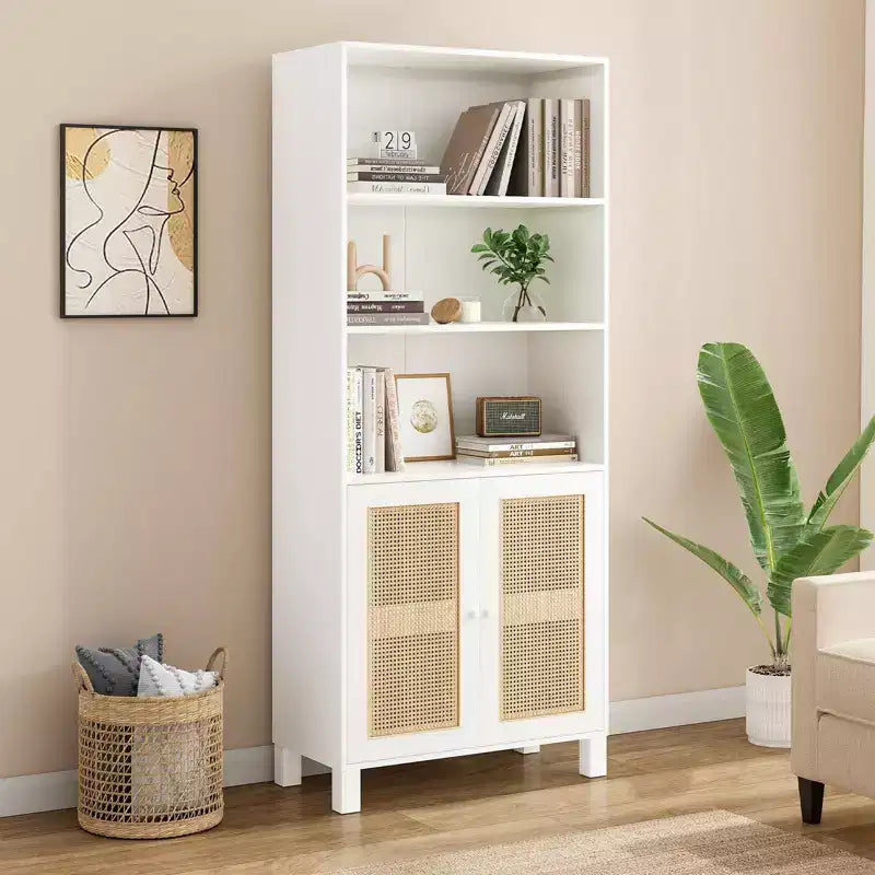 TUYOHW Grande bibliothèque avec portes en rotin, meuble de rangement autoportant à 5 étagères, étagère pour salon, chambre, bureau à domicile