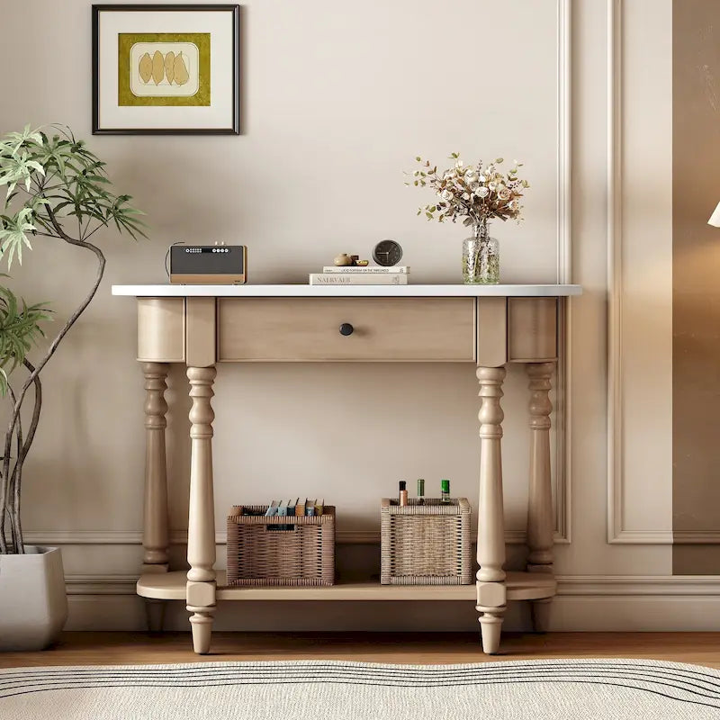 Console étroite rétro avec coin arrondi, tiroir supérieur et étagère ouverte