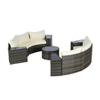 Ensemble de canapé modulaire d'extérieur semi-circulaire 11 pièces avec table basse en verre trempé et 4 tables d'appoint