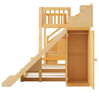 Lit superposé deux places et une place avec toboggan, étagères, escalier de rangement et armoire pour chambre d'enfant