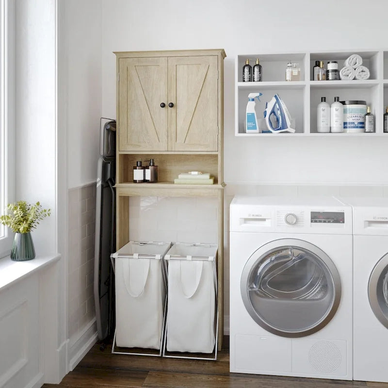 Meuble de toilette sur pied de toilette style ferme avec étagères et portes à fermeture magnétique