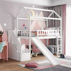 Lit mezzanine jumeau avec toboggan et escalier, lit mezzanine avec tiroirs de rangement, lit mezzanine cabane en bois pour enfants et tout-petits