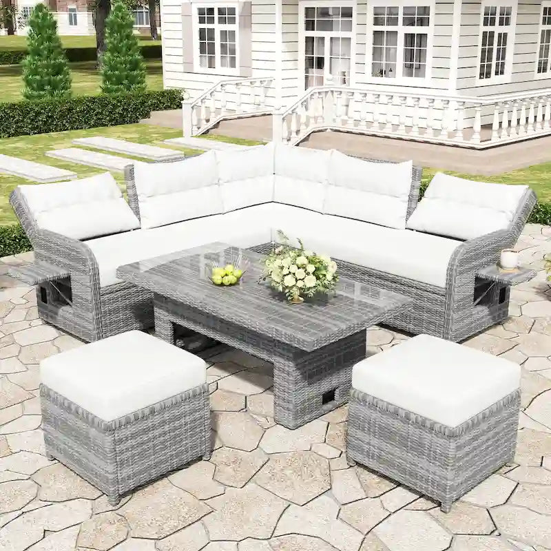 Ensemble de canapé d’angle modulable en rotin d’extérieur avec table réglable et fauteuils inclinables