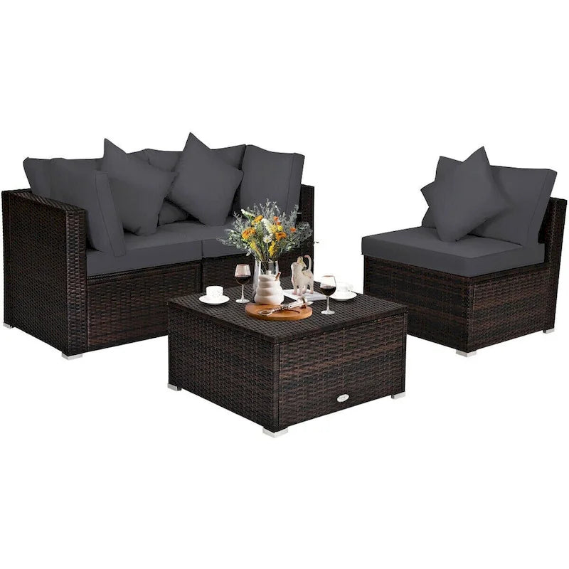 Ensemble de meubles de patio en rotin 4 pièces avec coussins et oreillers amovibles – Canapé d'angle : 73,7 x 73,7 x 63,5 cm