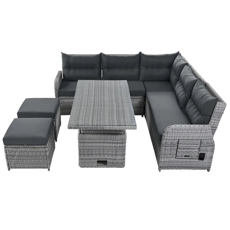 Ensemble de canapé d’angle modulable en rotin d’extérieur avec table réglable et fauteuils inclinables