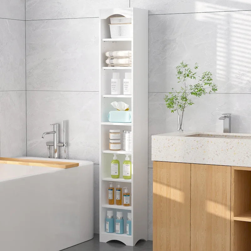 VECELO Armoire de salle de bain étroite de 180 cm de haut, en bois massif, 8 étagères, meuble de rangement autonome